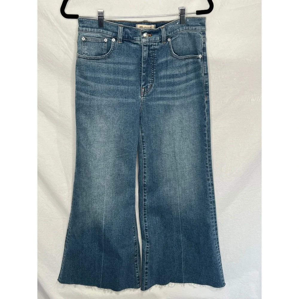 Madewell Flared Wide Leg Jeans Medium Wash High Rise Raw Hem Women's 29 Stretch - Picture 1 of 12